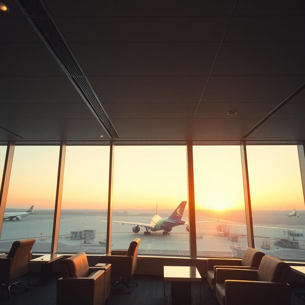 Airline lounge overlooking aircraft at sunset