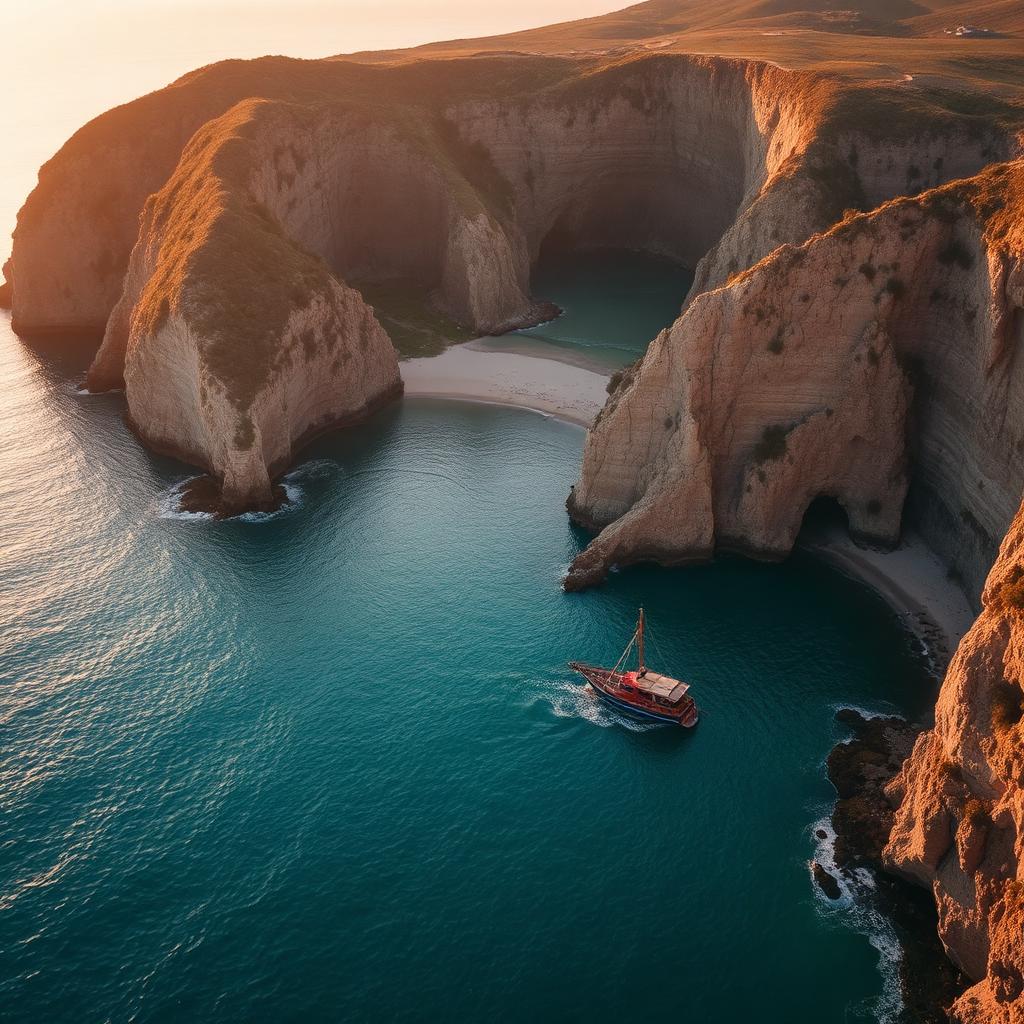 Aerial view of a coastal destination at golden hour