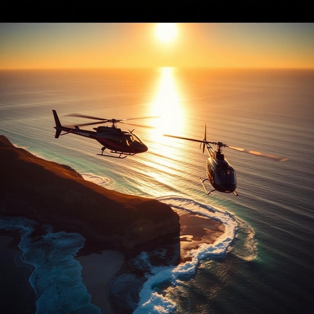 Helicopter flying at golden hour