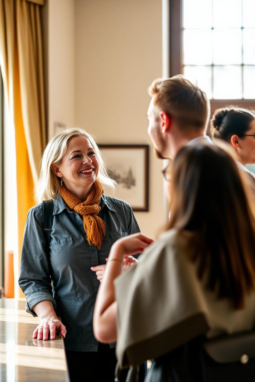 Hotel host welcoming happy travellers at reception