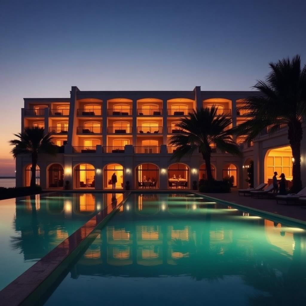 Luxury hotel with infinity pool at dusk